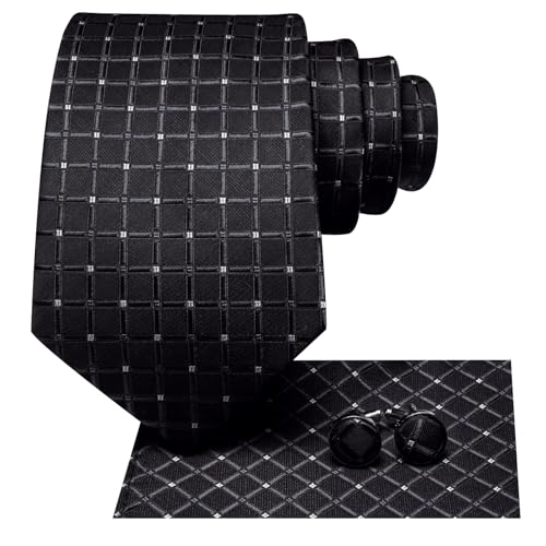Dubulle Mens Paisley Striped Tie Woven Necktie for Men and Handkerchief Cufflinks Set Wedding Formal Business - color: Black White