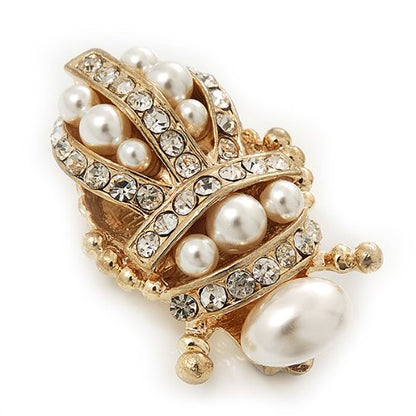 Clear Crystal/Simulated Pearl Egyptian 'Scarab' Beetle Brooch In Gold Plating - 4.5cm Length