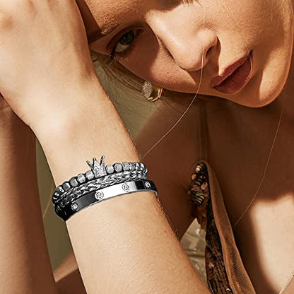 3pcs/set Classical Handmade Braiding Bracelet Hip Hop Men Pave CZ Leopard Head Roman Numeral Bracelet Stainless Steel Jewelry - color: 3pcs K Silver