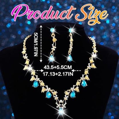 Gold Rhinestone Jewelry Set Bridal Wedding Necklace Earrings Sets Prom Formal Costume Jewelry for Women and Brides - color: Light Blue