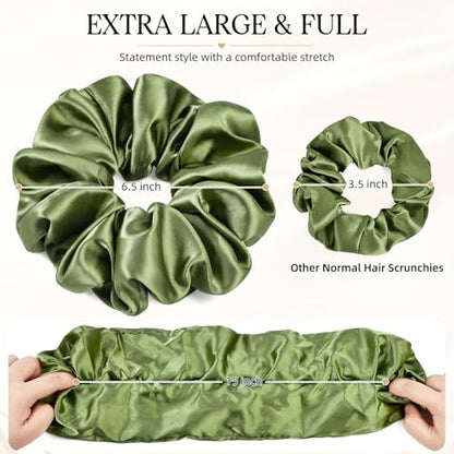 2 PCS Green Jumbo Satin Silky Scrunchies 6.5 Inches Oversized Scrunchie Extra Large Big Hair Ties Ponytail Holder for Thick Curly Hair Women (Sage, Olive Green) - color: Sage, Olive Green