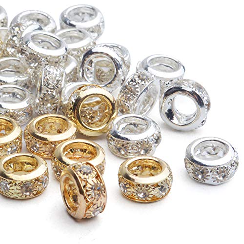 Large Hole Rhinestone Spacer Beads, 40pcs 10mm Crystal Pave Brass Rondelle Beads Fit European Bracelet Snake Chain Jewelry DIY - color: Gold&Silver, size: 10MM