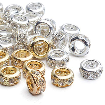 Large Hole Rhinestone Spacer Beads, 40pcs 10mm Crystal Pave Brass Rondelle Beads Fit European Bracelet Snake Chain Jewelry DIY - color: Gold&Silver, size: 10MM
