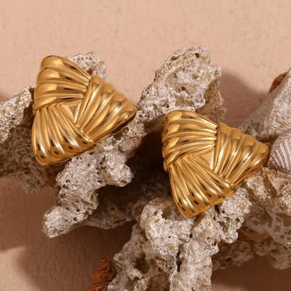 Geometric Ribbon Stud Earrings for Women, 14K Gold Plated Stainless Steel Hypoallergenic Chunky Statement Geometric Dangle Drop Earrings, Striped Stud Earrings - color: Gold