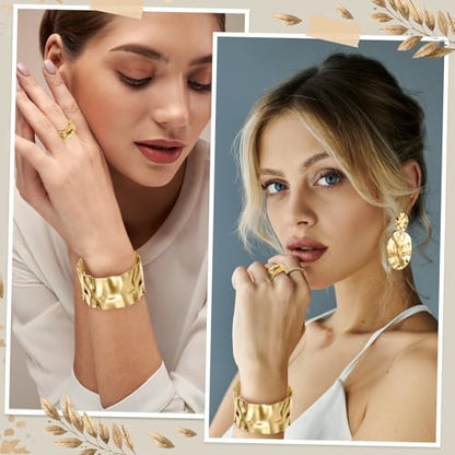 Misdary 3 Pcs Jewelry Gifts Set Bracelets Earrings Ring Cuff Bangle for Women Wedding Birthday Gifts - color: Gold, style: Hammered