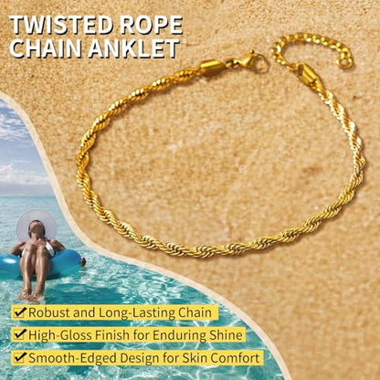 ChainsHouse Ankle Bracelets for Women, Stainless Steel Beaded Chain Ankle Bracelet, Womens Heart Anklets for Summer Beach Jewelry Gifts - color: M: twisted rope-6mm-gold