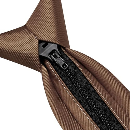 GUSLESON 3.15"（8cm） Mens Pre-tied Adjustable Zipper Tie Solid Necktie for Business and Wedding - color: Brown