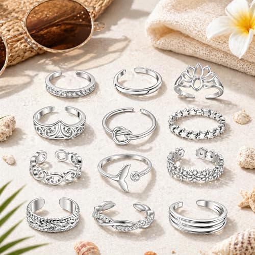 12PCS Toe Rings for Women 14K Gold/Silver Plated Adjustable Toe Ring Set Open Heart Arrow Infinity Rings Beach Foot Jewelry for Summer - color: Set2