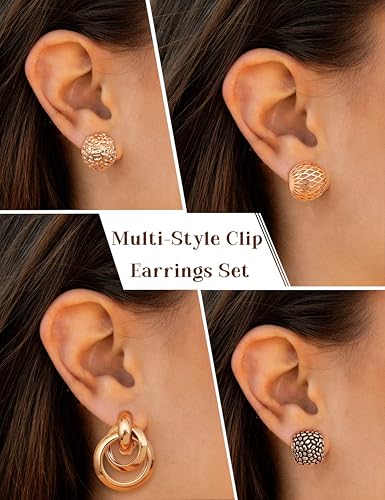 ORAZIO 4Pairs Clip On Earrings for Women Gold Silver Clip On Hoop Earrings Chunky Teardrop Clip Earrings Twist Round Clip On Stud Earrings No Piercing Fake Earrings Set - color: Rose Gold