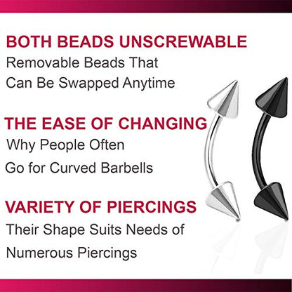 4pcs 16g Curved Barbell Cartilage Lip Tragus Eyebrow Forward Helix Conch Daith Earring Black Vertical Labret Spike - 10mm
