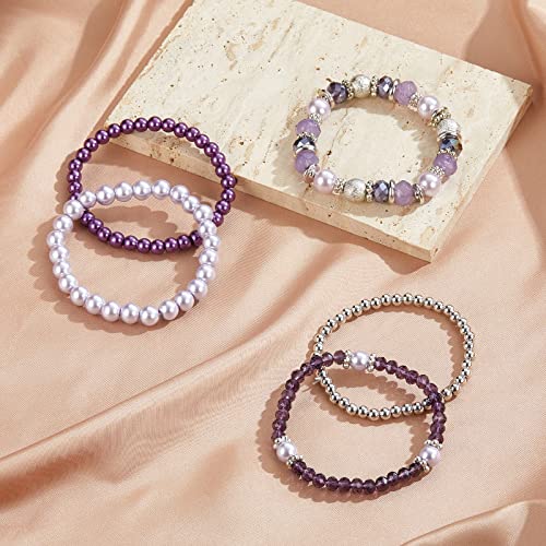 Noessla Beaded Pearl Stretch Bracelet Silver Stackable Crystal Beads Bracelets Trendy Costume Jewelry Mothers Day Gifts for Women - color: Purple