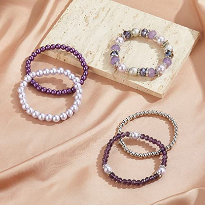 Noessla Beaded Pearl Stretch Bracelet Silver Stackable Crystal Beads Bracelets Trendy Costume Jewelry Mothers Day Gifts for Women - color: Purple