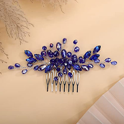 Teyglen Crystal Bride Wedding Hair Comb Bridal Blue Rhinestone Hair Pieces Hair Jewelry Simple Red Black Pink Headpieces for Bride Women Girls - color: Blue