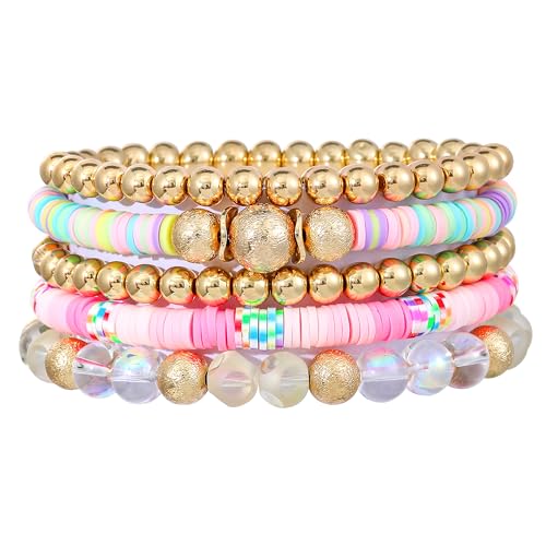 Summer Surfer Heishi Bracelet Set for Women Stackable Gold Plated Clay Ploymer Bead Stretch Pink Beach Layering Bracelets Jewelry - color: B-A2