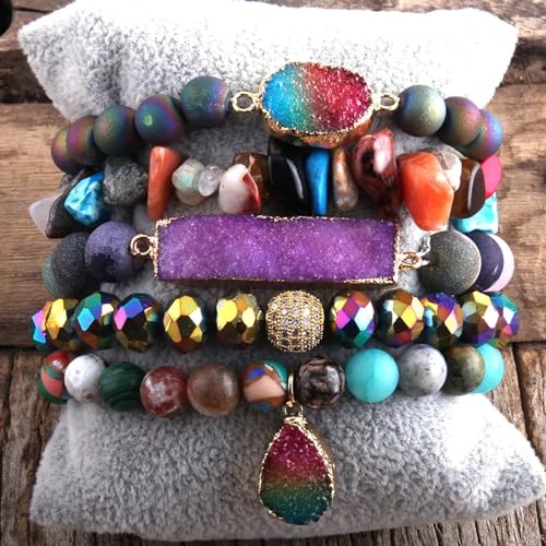 Yomisa 5PCS 6PCS Natural Boho Beaded Bracelets/Bangle for Women Men,Healing Turquoise Jasper Agate Crystal Gemstone Stone Chakra Multilayer Wrap Bohemian Handmade Jewelry Beads Stretch Bracelet Set - color: 5PCS-Colorful