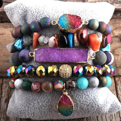 Yomisa 5PCS 6PCS Natural Boho Beaded Bracelets/Bangle for Women Men,Healing Turquoise Jasper Agate Crystal Gemstone Stone Chakra Multilayer Wrap Bohemian Handmade Jewelry Beads Stretch Bracelet Set - color: 5PCS-Colorful