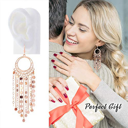 Bohemian Boho Tassel Dangle Drop Earrings for Women – Lightweight Filigree Gypsy Coin Chandelier Disc Charm Hoops – included Gift Box - style: Round - Rose Gold