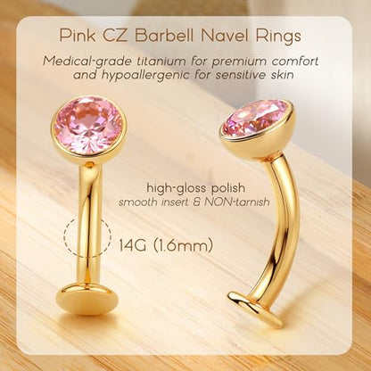 Upgraded Wearability Floating Belly Button Ring, G23 Titanium Internally Threaded Belly Button Piercing 14G, Curved Barbell Belly Rings, Pink Clear CZ Navel Rings with 10mm and 12mm Bar, Silver Gold Plated - color: Gold,Pink CZ