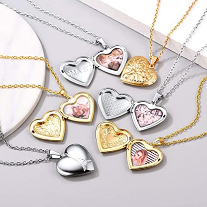 U7 Custom Photo Locket Necklace - Oval & Heart Shaped Locket - Gold/Silver/Rose Gold Personalized Image Necklaces for Women - color: 02-Platinum Flower Heart, style: a. locket only