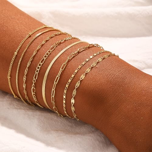 Cuzmly Bracelets for Women, Waterproof 14K Gold/Silver Plated Stackable Bracelets for Women Non Tarnish Trendy Dainty Paperclip Figaro Box Herringbone Hand Chain Bracelet Pack Stack Adjustable Jewelry for Women - style: 8 Box
