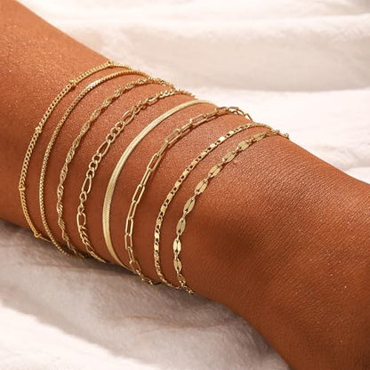 Cuzmly Bracelets for Women, Waterproof 14K Gold/Silver Plated Stackable Bracelets for Women Non Tarnish Trendy Dainty Paperclip Figaro Box Herringbone Hand Chain Bracelet Pack Stack Adjustable Jewelry for Women - style: 8 Box