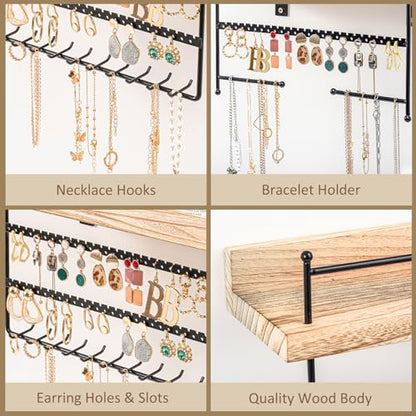 Lolalet Wall Mount Hanging Jewelry Organizer -Set of 2, Black | Versatile Hanging Holder with Hooks for Earrings, Bracelets and Necklaces, Easy to Install on Bathroom Wall - color: Black