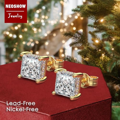 Princess Cut Cubic Zirconia Stud Earrings for Men Women | Square CZ Simulated Diamond Studs, 18K White Gold Plated Sterling Silver, Hypoallergenic - color: Gold, size: 7MM