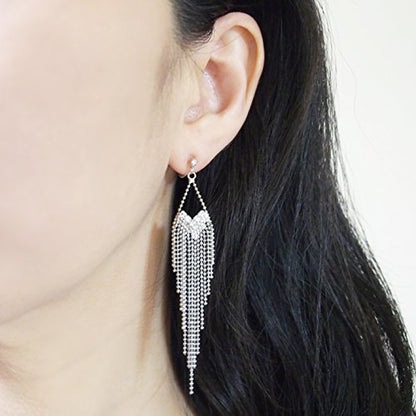 Dangle Silver Invisible Clip On Earrings for Women Not Pierced Gold Crystal Rhinestone Comfortable Hoop Fringe Long Chain Clip On Earrings - color: Fringe Silver 2