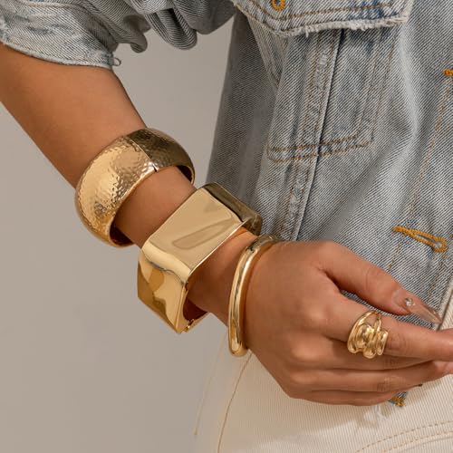 Big Chunky Gold Bracelets Set for Women 3Pcs Cuff Wide Bracelet Trendy High Shine Bracelets Minimalist Open Wide Cuff Bracelets Gold Bangle Bracelet Jewelry for Women - style: C-Gold