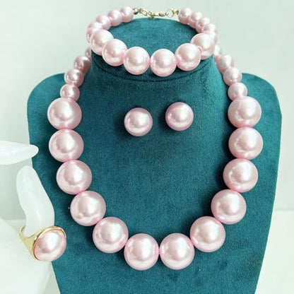 Chunky Beaded Jewelry Set, Necklace Earrings Bracelet Ring for Women Party | Simulated pearl jewelry set, necklace earrings bracelet & ring. Elegant chunky beaded, ideal gift for wedding and daily wear. - color: Pink
