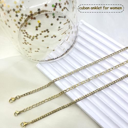 Silver Ankle Bracelets for Women Waterproof Stainless Steel Anklet Adjustable Layered Cuban Silver Anklets Set Summer Beach Foot Jewelry Gift - color: Cuban chain/gold