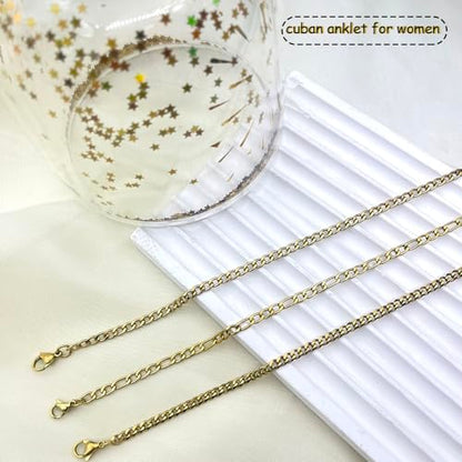 Silver Ankle Bracelets for Women Waterproof Stainless Steel Anklet Adjustable Layered Cuban Silver Anklets Set Summer Beach Foot Jewelry Gift - color: Cuban chain/gold