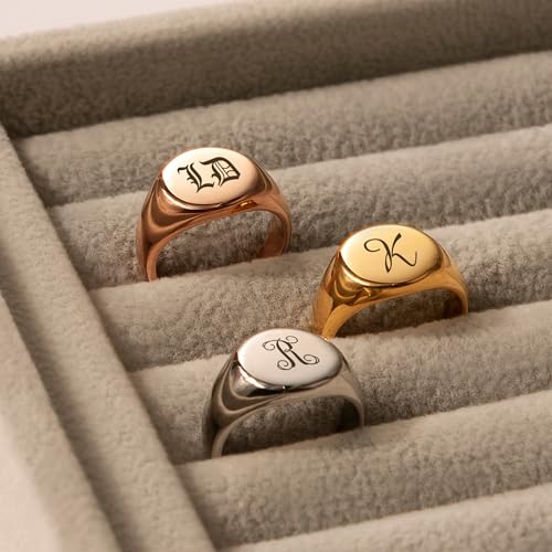 Anavia Personalized Initial Signet Ring, Customized Letter Laser Engraved Stainless Steel Gold Glossy Finish Round Signet Band Ring, Wedding Engagement Promise Ring for Women Men - color: Gold, size: US 8