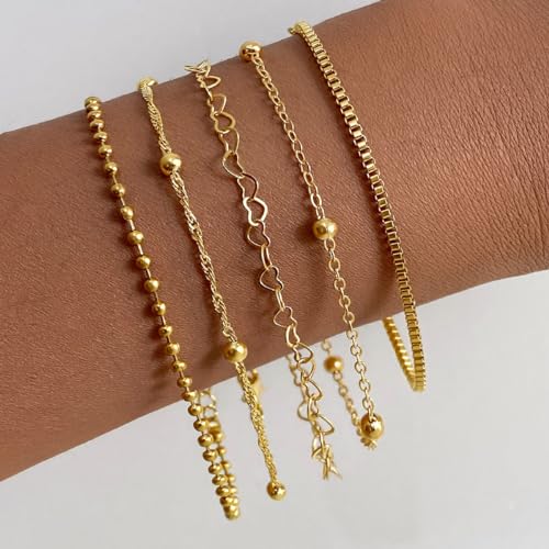 IFKM Gold Bracelets for Women, 14K Gold Plated Dainty Link Chain Bracelet set, Trendy Stackable Layered Bracelets jewelry Gifts - style: 5pcs Gold