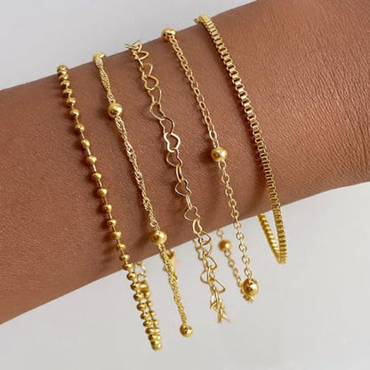 IFKM Gold Bracelets for Women, 14K Gold Plated Dainty Link Chain Bracelet set, Trendy Stackable Layered Bracelets jewelry Gifts - style: 5pcs Gold