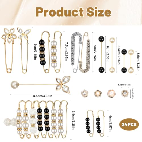cobee 24 Pcs Pearl Brooch Pins, Crystal Safety Pin Button with Storage Box | Pant Waist Tightener Clip Sweater Shawl Hat Clips for Women Clothing Dress Cardigan Scarf Bag