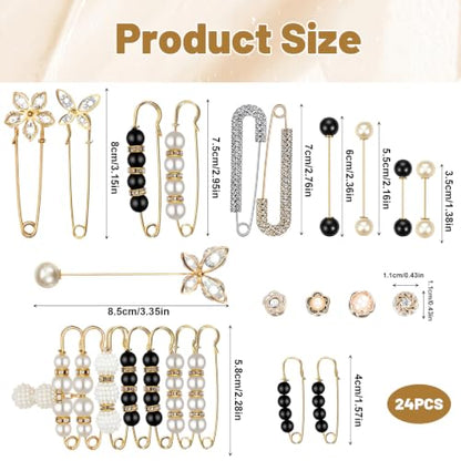 cobee 24 Pcs Pearl Brooch Pins, Crystal Safety Pin Button with Storage Box | Pant Waist Tightener Clip Sweater Shawl Hat Clips for Women Clothing Dress Cardigan Scarf Bag