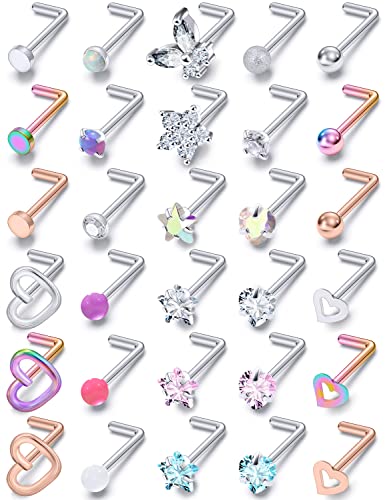 Prjndjw 20G 18G Nose Rings Studs Surgical Steel Nose Stud Glow Dark Heart Opal CZ Flower Nose Piercing Jewelry Nose Rings for Women Straight Screw L Shaped Nose Rings Hypoallergenic Nose Piercing Kit - color: 20G-L Shape nose rings