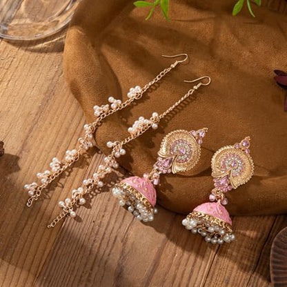 Pink Bollywood Traditional Jhumka Jhumki Statement Dangle Drop Earrings for Women Long Chain Tassel Hair Accessories CZ Faux Pearl Beaded Indian Bell Chandelier Stud Earring Boho Bride Wedding Jewelry - color: Pink