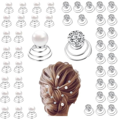 50 Pieces Crystal Twisters Spiral Set Bridal Rhinestone Gems Hair Pins Silver Coil Hair Gems Hair Clips for Wedding Party Prom with Clear Box for Women Girls Party Gift(Diamond and Pearl Style) - color: Pearl and Diamond
