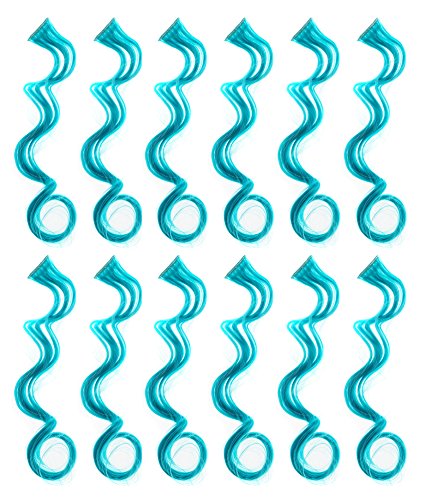 12 Pcs Curly Wavy One Color Party Highlights Clip on in Hair Extensions For Women Colored Hair Streak Synthetic Hairpieces (Teal Blue) - color: Teal Blue