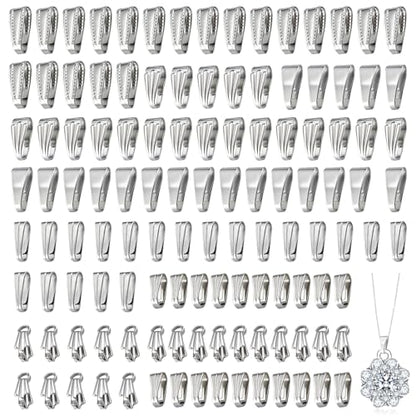 120 Pcs Stainless Steel Pinch Bail Clasps, Pendant Connectors | Stainless steel pinch clip bail connectors in 6 sizes for DIY necklaces, bracelets, pendants, charms, and jewelry making