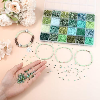 LAIDANLA 7500pcs Mix Green Glass Seed Beads Kit for Jewelry Making with 3mm Tiny Bead and 4mm/6mm Bugle Tube Bead 24 Colors Waist Embroidery Beads for Bracelets Necklaces DIY Craft Beaded Plant Kit - color: Green