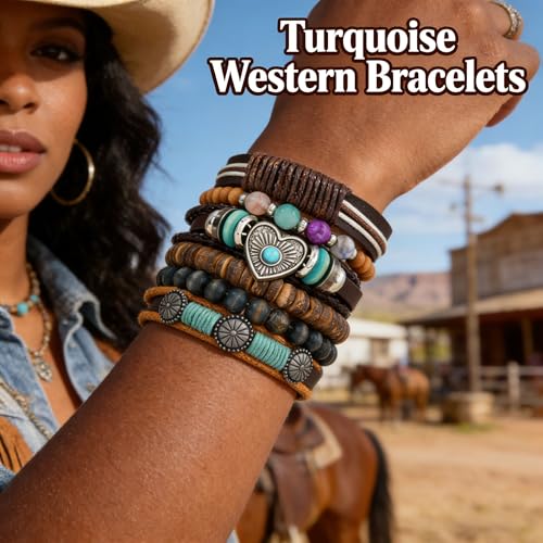 Western Outfits for Women Turquoise Western Bracelets Bohemian Vintage Stackable Beaded Leather Bracelets Adjustable Hand-woven Layered Bracelet Western Country Concert Jewelry for Women - style: Turquoise Love Heart