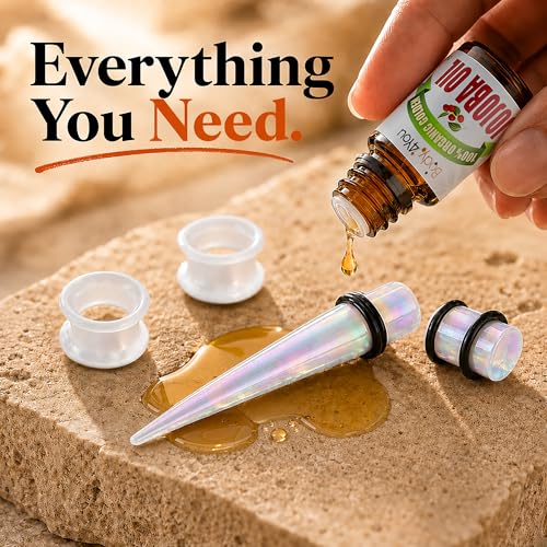 BodyJ4You 54PC Ear Stretching Kit 14G-12mm - Aftercare Jojoba Oil - Acrylic Plugs Gauge Tapers Silicone Tunnels - Lightweight Expanders Men Women - color: Transparent Aurora