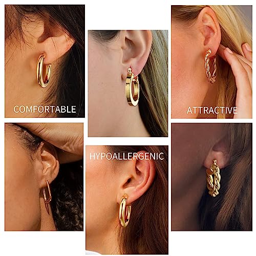 9 Pairs Gold Hoop Earrings for Women, 14K Real Gold Plated Chunky Hoop Earrings Set for Women Hypoallergenic Thick Lightweight Earring for Womens Jewelry Gifts - color: Rose Gold-Plated