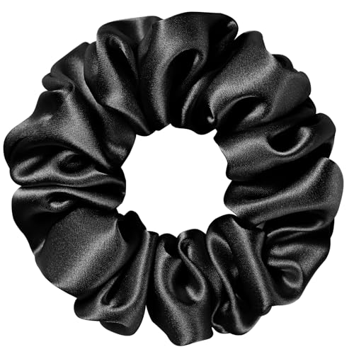 Silk Scrunchie 1.4" Medium Wide 6A 22 Momme 100% Mulberry Silk Hair Ties,Gentle on Hair No Damage No Crease for Women Girls Curly Thick Wavy Hair,Sample Fabric Provided (1, Black) - color: Black
