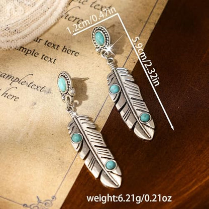 Western Turquoise Earrings Silver western earrings Bohemian turquoise western Jewelry for Women (Feather-Earrings)