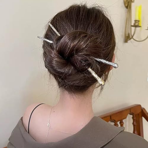 Geometric Alloy Hair Chopsticks, Pale Gold Silver Minimalist Japanese-Style Hair Clasp for Buns, DIY-Charm Compatible Hair Accessories for Women with Long Hair