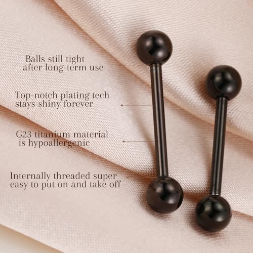 AROWRO Nipple Piercing Jewelry G23 Titanium Nipple Rings Tongue Rings Nipple Bar 14G Internally Threaded Straight Barbells Bridge Piercing Jewelry 12mm-20mm - color: Black